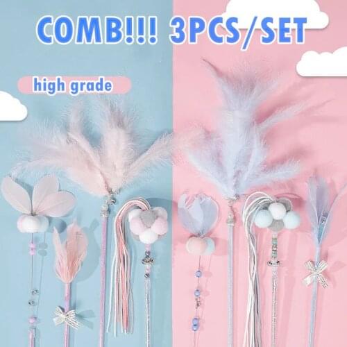 COMB Pet Cat Teasing Stick Interactive Cat Queaky Paper Tassels Teaser Stick Cat Feather Toy Colorful Fairy Tease Cat Stick Bell