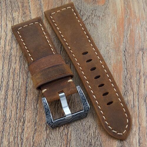 Vintage Brown Genuine Leather Bracelet Watch Band 22mm 24mm Watch Strap for Panerai Watch carved Deployment Buckle Watchband