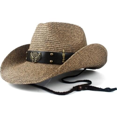 Women Men Straw Hollow Western Cowboy Hat Lady Dad Beach Sombrero Hombre Straw Panama Cowgirl Jazz Sun Cap Size 56-58CM