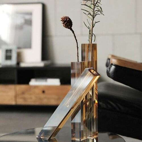 Modern House Living Room Office Restaurant Desktop Decorative Ornaments Amber Ash Cross Column Crystal Vase Home Furnishings