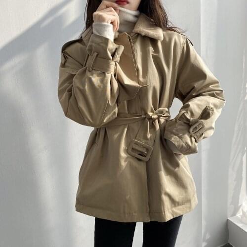Spring Women Jacket Coat Slim Lace-Up Waist Rabbit Fur Inner Women Tops Khaki Coat Jackets Outwear Casaco