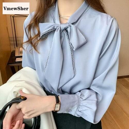 VmewSher New Vintage Big Bow Neck Women Shirt Long Sleeve Spring Summer Casual Office Lady Elegant Blouse Solid Tops Plus Size