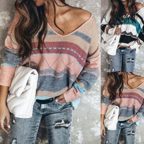Women Women Pullovers Soft Primer Tops Slim-Fit Shirt Fashion Long Sleeve V Neck Stripes Print Loose Blouse Top T-shirt Pullover