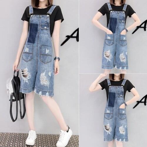 European Style Woman Ripped Denim Jumpsuit 2020 Summer New Spaghetti Strap Pocket Casual Overall Playsuit Rompers Plus Size