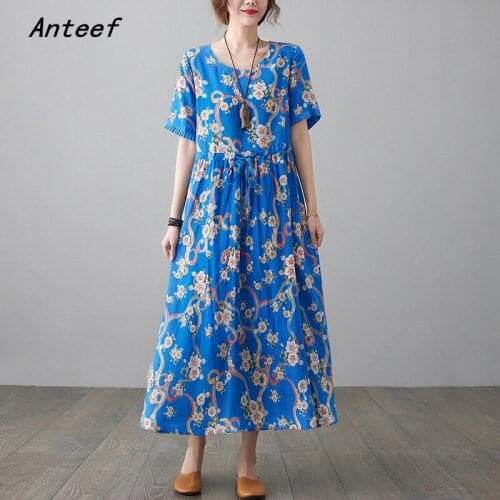 Short sleeve cotton vintage floral dresses for women casual loose long woman summer dress elegant clothes 2021