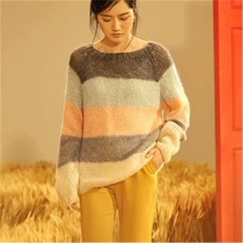 100% hand made wool Oneck knit women streetwear contrast color striped H-straight pullover sweater customized