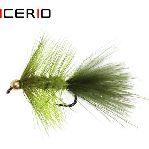 CERIO 6PCS Olive Brass Bead Head Flash Woolly Bugger Streamer Trout Fly Fishing Lure Baits