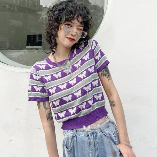 Purple Butterfly Pattern T-shirts For Women Casual Hollow Knitted Tops Summer Round Neck Short Sleeve T Shirt