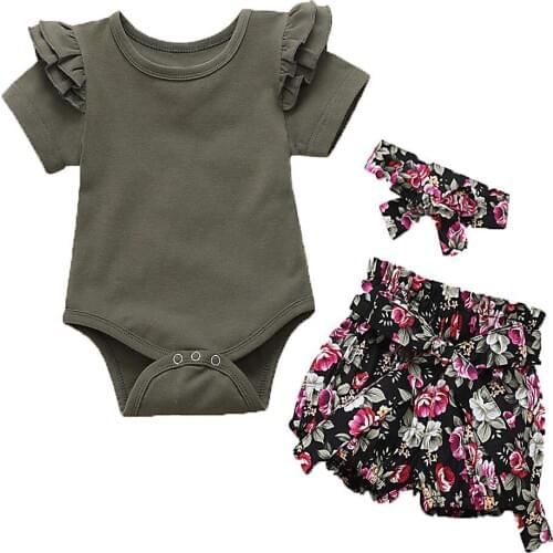 Infant Baby Girl Romper Solid Bodysuit Tops Flower Pants Headband Clothes 3Pcs Sets