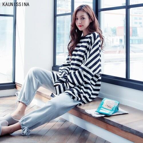 Women Cotton Pajamas Sets Loose Homewear Long Sleeve Striped Tops Elastic Waist Long Pants Female Sleepwear 2 Piece Loungewear