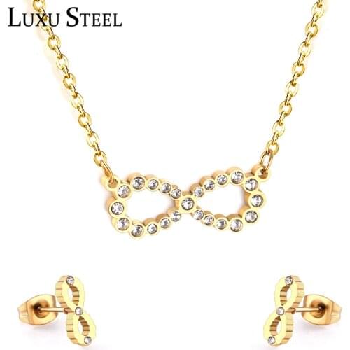 LUXUSTEEL Stainless Steel Infinity Cubic Zirconia Necklace and Earrings Sets Wedding Jewelry Sets Free Chains 2020 BabyGirl