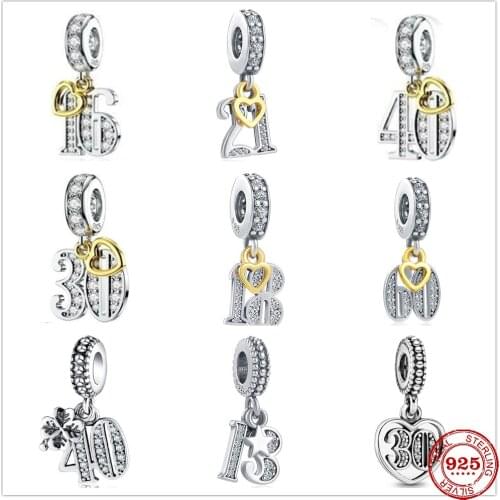 Hot Selling 100% genuine 925 sterling pandora charm Two-color heart digital Pendant bead charms fit original pandora bracelets
