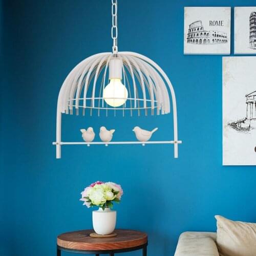 Minimalist chandelier iron cage resin birds. creative lamp living room bedroom drop light lamp. black / white color