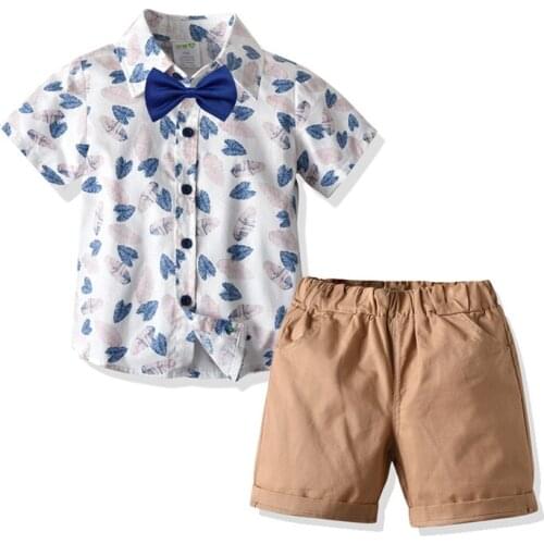 Baby fashion boys bow Leaves printed shirt shorts suit children summer beach wear gentleman suit 2pcs