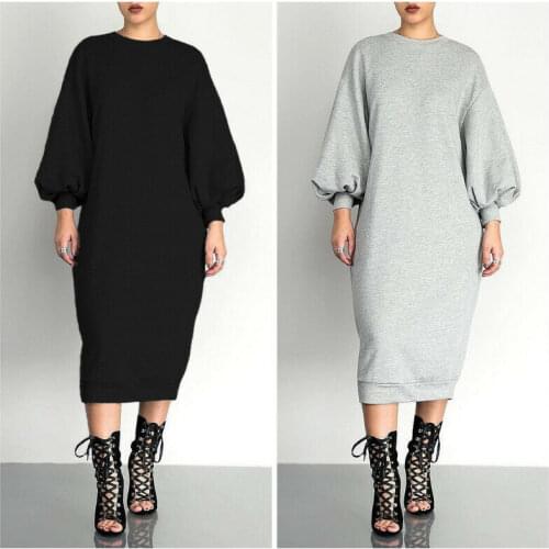 New Sexy Womens Casual Dress Long Sleeve Clothing Office Wear Midi Skirt Crew Neck