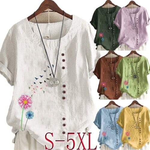 New Arrival Summer Fashion Womens Dandelion Printed Linen T-shirt Casual Loose Round Neck Short Sleeve Shirt Blouse Tops