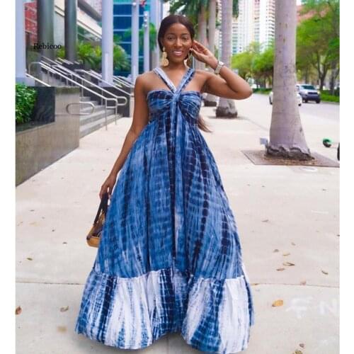 African Print Dresses for Women Bazin Rich Maxi Skirt Sleeveless High Waist Sling Elegant Evening Party Dress Fashion
