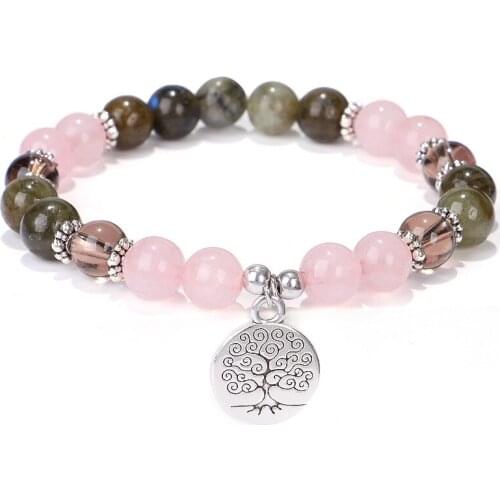 Handmade Natural Stone Beads Beaded Elastic Bracelet Rose Quartzs Beaded Wrist Yoga Amazonite Wrist Tree Of Life Women Bracelet