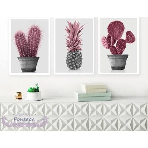 Nordic Dark Red Pink Pineapple Cactus Canvas Painting Wall Art Pictures Home Decoration Pot Plant Posters and Prints No Frame