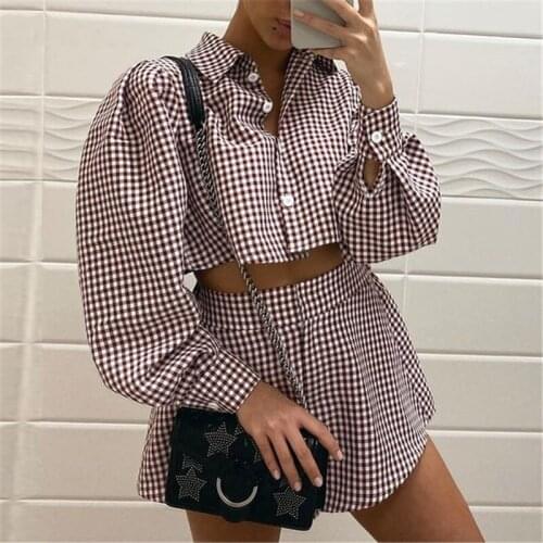Y2K Plaid Lounge Wear Tracksuit Shorts Set Long Puff Sleeve Button Shirt Top And Zipper Mini Shorts Women Two Piece Set Outfits