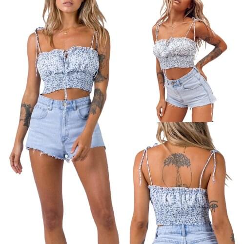 Ladies Summer Midriff-baring Camisole, Girls Floral Printing Front Lace Up Ruched Hem Backless Sleeveless Tops Slim Base Shirt