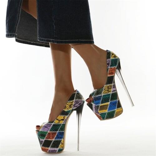 20 CM Super High Heels Platform Pumps Women Peep Toe Diamond Check Strippers Shoes Ladies Summer Dance Party Shoes Big Size 42