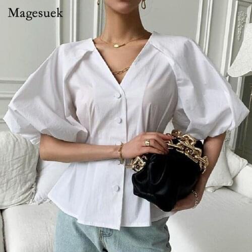 Vintage V-neck White Shirt Woman Puff Sleeve Summer Blouse Women Single-Breasted Elegant Chic Backless Ladies Tops Blusas 14813