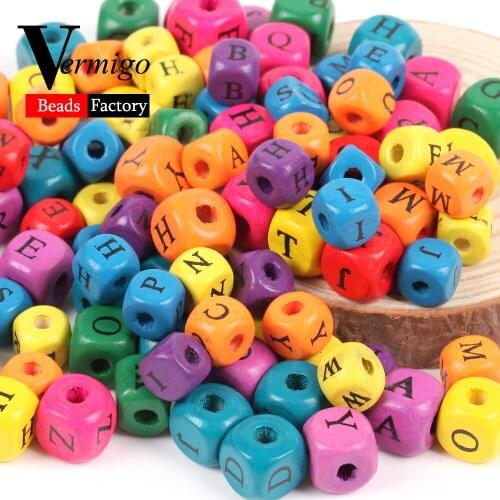 200pcs Colorful Letter Alphabet Square Wooden Beads for Jewelry Making 8mm 10mm Wood Beads diy Teether Pacifier Chain Accessory