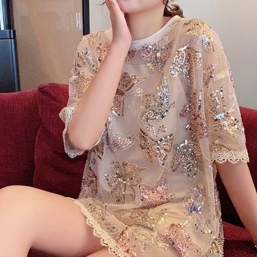 Europe Summer Womens Oversize T-shirt Dress Butterfly Sequins Embroidery Loose tops Mesh T shirt Tees Short Sleeve Long t shirts