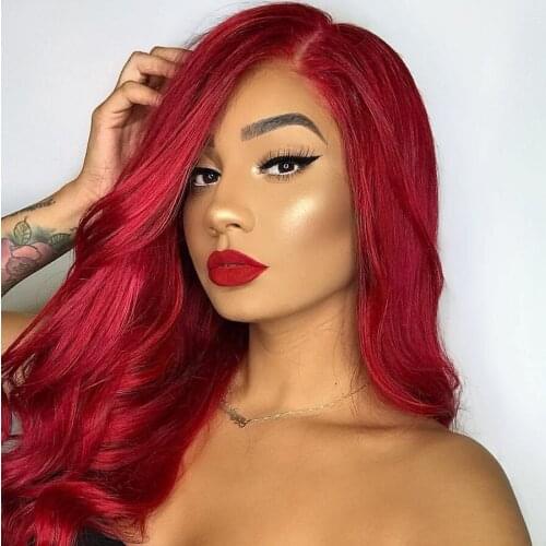 26Inches Red Hair Color Silky Straight Synthetic Lace Front Wigs for Women No Gel Long Body Wave Fringe Wigs with Bangs