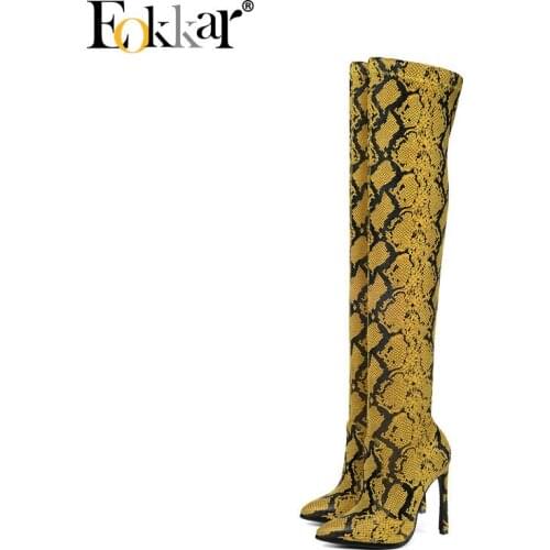Eokkar 2020 Fashion Snake Prints Ladies Thigh High Boots 9CM Stiletto High Heel Over The Knee High Boots Dress Shoes Size 34-43