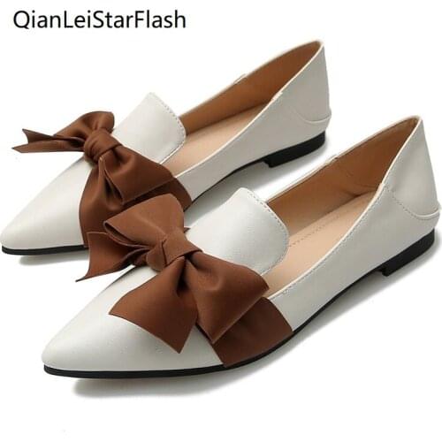 2020 Spring New Womens Single Shoes Bowknot Pointed Toe Bow Flat Sole Slacker Shoes Large 33-43 Leather Shoes Flat Heel Bowtie