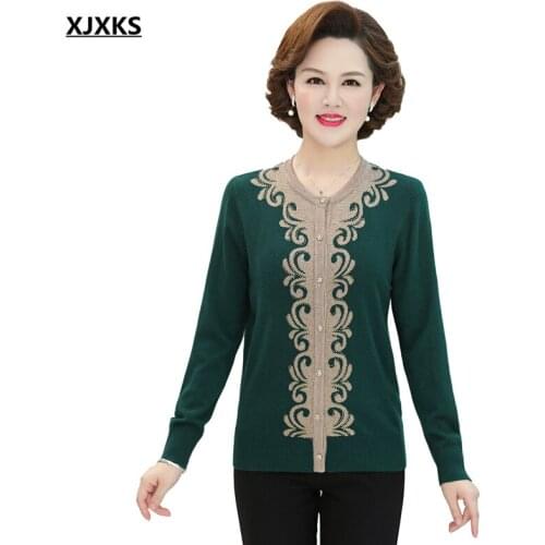 XJXKS Round neck long-sleeved women sweater jacket 2021 autumn winter new fashion diamond wool knitted cardigan women sweater