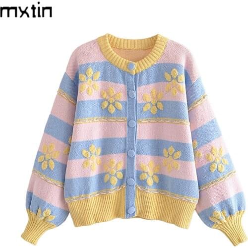 MXTIN 2021 Women Autumn Fashion Floral Print Knitted Cardigan Sweater Vintage O-Neck Long Sleeve Female Outerwear Chic Top Mujer