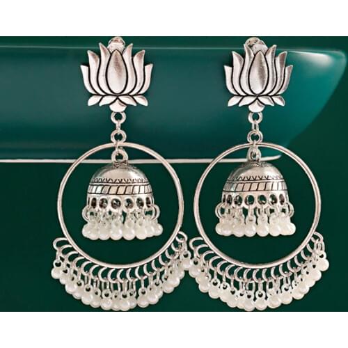 Womens Boho Ethnic Silver Color Lotus Earrings Pendient Gyspy Pearl Bell Ladies Indian Earring Jewelry