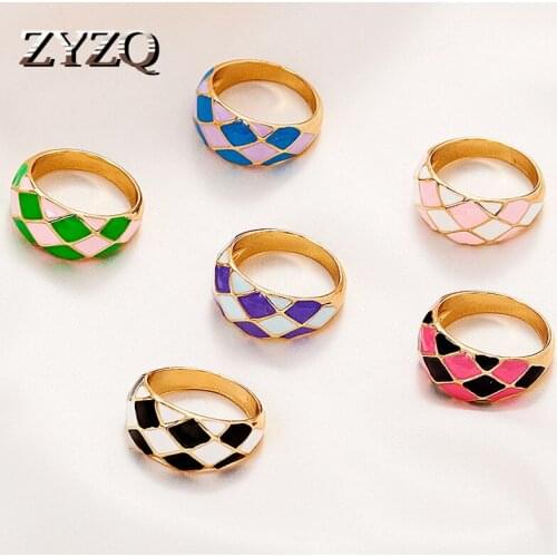 ZYZQ Trend Color Retro Rhombus Checkerboard Ring For Women Creative Personality Ring Halloween Party Jewelry 2021