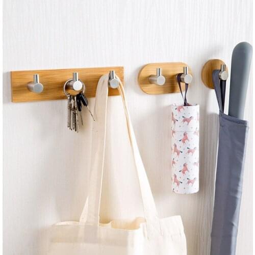 Bamboo Wood Hooks Wall Hanger Stainless Steel Seamless Adhesive Coat Clothes Key Hook Kitchen Bathroom Door Towel Hanging Rack