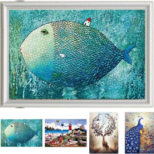 Wooden Jigsaw Puzzle 1000 Pieces Deer Peacock Fish Tower Decompression Toy Interesting Wooden Puzzles For Adults Kids Gifts