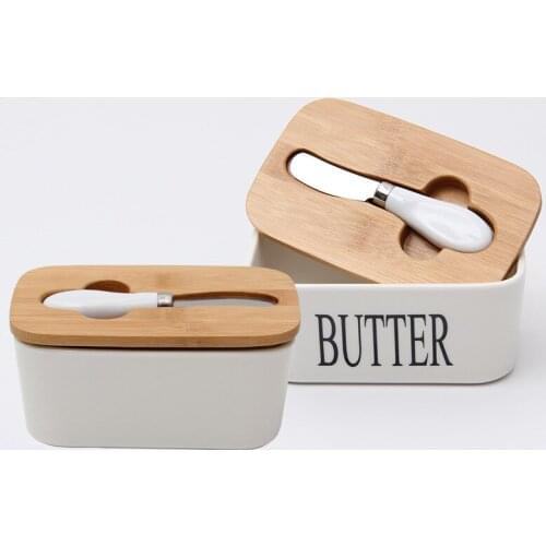 Nordic Ceramic Butter Box Wood Cover with Knife Butter Sealing Plate Storage Tray Dish Cheese Kitchen Food Container Butter Dish