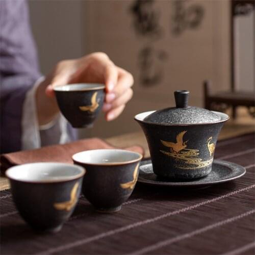 Ceramic Gaiwan Office Teacup Handmade Kung Fu Tureen Creative Chinese Tea Bowl with Lid and Saucer Water Mug Tea Set Drinkware