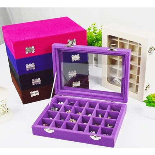 20x15x4.5cm Wedding Ring Box 24 Slots Wooden Transparent Cover Buckle Ear Stud/Earring Storage Box Necklace Display Box Jewelry