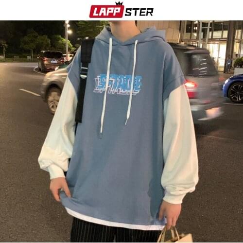 LAPPSTER Men Japanese Streetwear Patchwork Hooded Hoodies 2021 Mens Harajuku Graphic Oversized Hoodie Male Vintage Sweatshirts