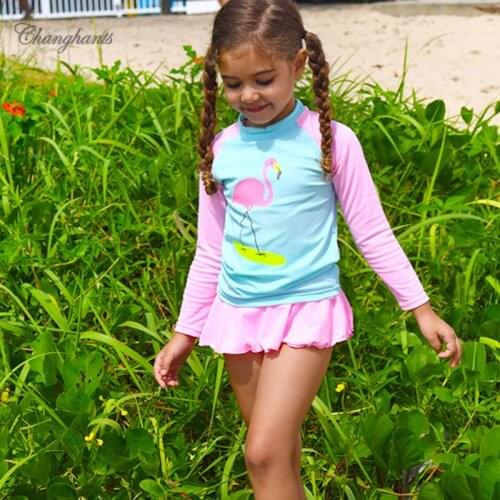 2-13 Y Girls Rash Guard Baby Two Pieces Swimwear Pink Light Blue Flamingos Teens Long Sleeve Swimsuit Children Water Sport Suit