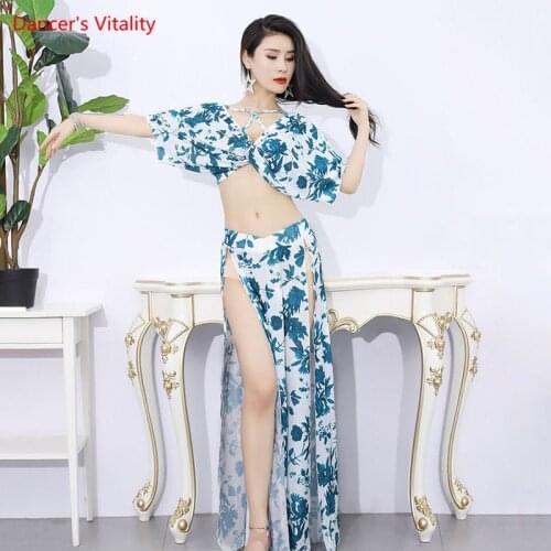 Belly Dance SetPrinting Mesh Top Double Split Skirt Practice Clothes Suit Adult Oriental Dancing Elegant Performance Clothing