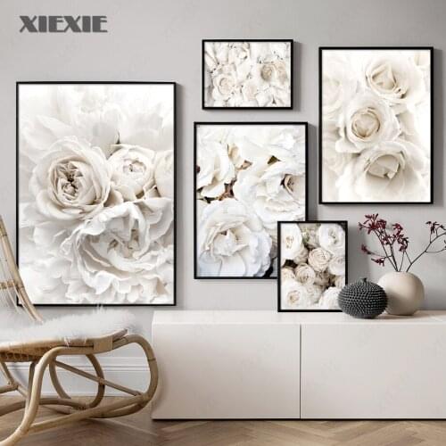 Wall Art Canvas Painting Bloom Peony Rose White Flowers Garden Nordic Posters and Prints Wall Pictures for Living Room Decor