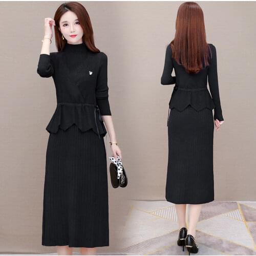 2021 Spring Autumn New Women Fashion 2 Piece Sets Female Solid Color Top High Waist Dresses Ladies Knitted Suit Clothes Q104