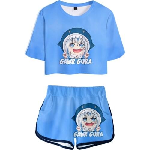 2021 New Arrival Gawr Gura Little Shark Japanese 3D Fashion Two-piece Sets Print Women manga Piece Summer Short Sleeve+pants