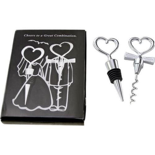 Love Heart Bride and Groom Combination Wine Bottle Corkscrew Opener and Stopper for Wedding Favor Gifts LX3636