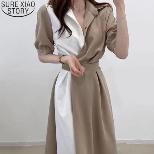 Elegant Long Dresses Women Summer New Dress Fashion Midi A-line Korea Chic Contrast Button Up Waist Short Sleeve Dress 15185