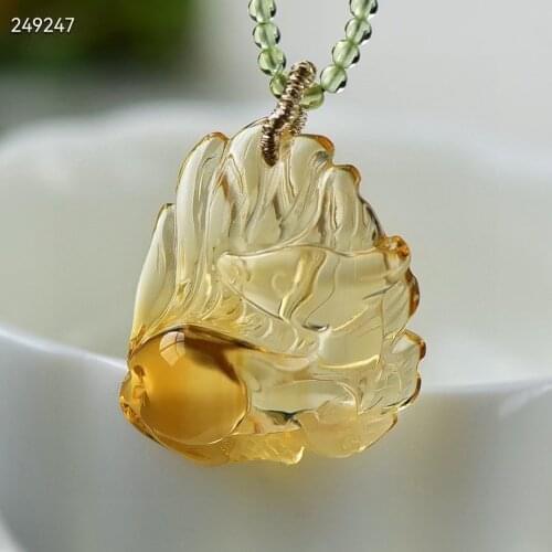 Genuine Natural Yellow Citrine Quartz 9 Tails Fox Carved Pendant 28*24*10mm Women Jewelry Clear Citrine Beads Necklace AAAAA